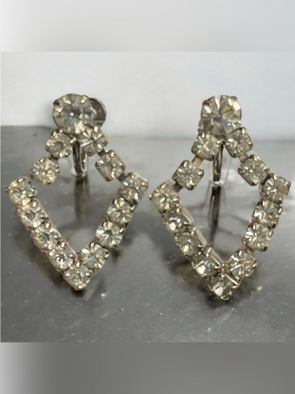 Art Deco Geometric Silver-Tone Rhinestone Screw-Back Drop Earrings